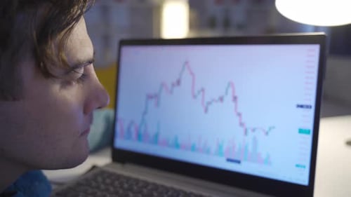 Young Adult Analyzing Stock Market Graph on Computer