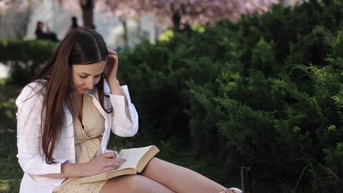 Woman Reads a Book in the Park on Sunny Day