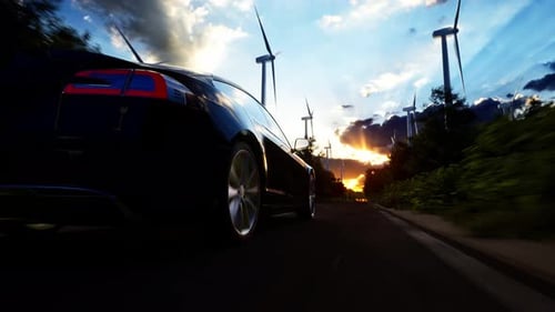 3D render of generic electric car drives on a Road with wind turbines in the background