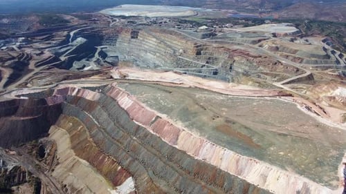 Aerial drone view of Mining activity. Apocalypse scenery. Earth destruction. Disruption of nature.