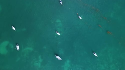 Sailboats anchored off the Florida coastline seen from high above in warm sunshine