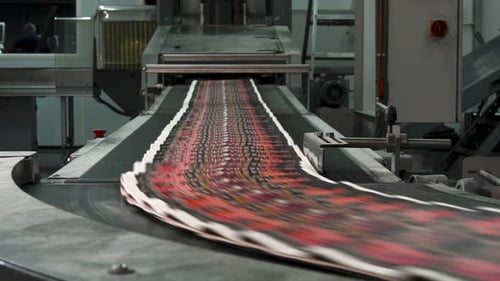 Factory Press: Hochgeschwindigkeitsdruck roter Zeitungen auf einem Förderband“
