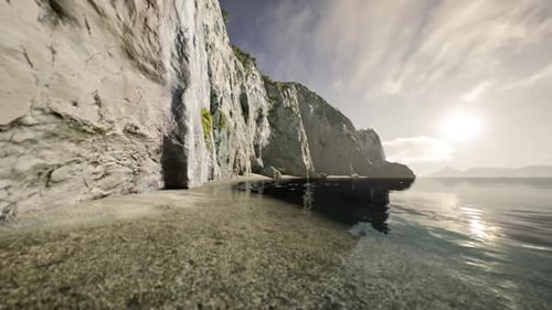 Panoramic View of Serene Beach and Rocky Ocean Cliff