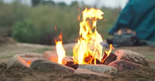 Feuer-, Outdoor- und Campingholz mit Zelt mit Hitze und Flammen in der Natur in einem Wald