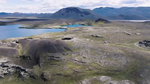 Aerial view of serene lakes and mountains, Iceland.