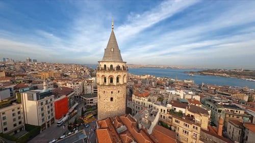 Drone Footage of Galata Tower in Istanbul in Turkey Gorgeous Historical Castle Near Bosphorus Aerial