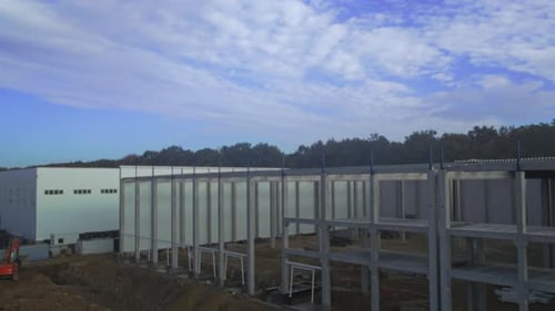 Industrial Building Site Construction Zone with Steel Framework Elevated View of Construction