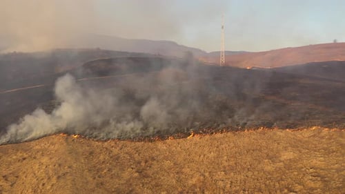 Aerial View of Spring Dry Grass Burning Field, Fire And Smoke in the Meadow, Nature Pollution