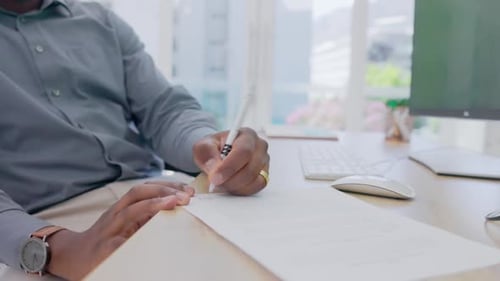 Business, black man and hands writing on documents, paperwork and contract form at office desk