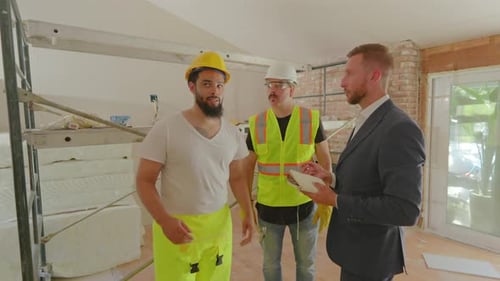 Das Bauteam erörterte den Projektfortschritt in dem kürzlich renovierten Raum