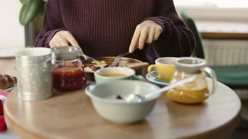 Female Hands Having Breakfast Cafe Table Teapot Fruit Tea Cake Bowl Wooden Table