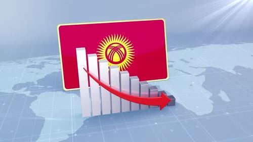 Bandera y gráfico de barras de Kirguistán con valores decrecientes, concepto de crisis económica