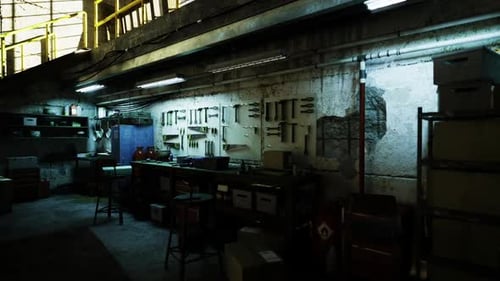 Dusty Factory Room Illuminated By Dim Fluorescent Lighting at Night