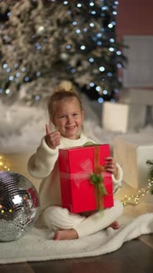 Happy Girl Holds Christmas Present Indoors