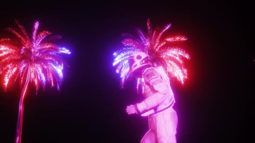 Runing Astronaut With Side Scrolling Neon Glowing Palm Trees