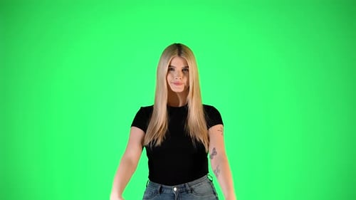 Young Pretty Blonde Woman Thumbs-Up Gesture, Ok Yes Hand and Finger Sign, Green screen