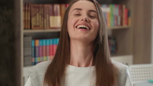 Close Up Face Happy Caucasian Woman Student Teacher Joy Learning Studying Female Looking at Camera