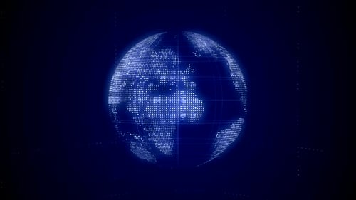 Glowing blue digital globe with futuristic grid lines and dots