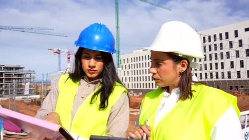 Female architect and engineer discussing project at construction site