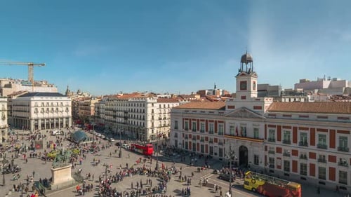 Madrid Spain time lapse high angle view city skyline at Puerta del Sol.