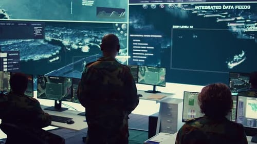 Military Personnel Monitoring Futuristic High-Tech Control Room