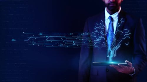 Businessman Virtual Display HUd Hologram Digital Human Brain Artificial Intelligence Network