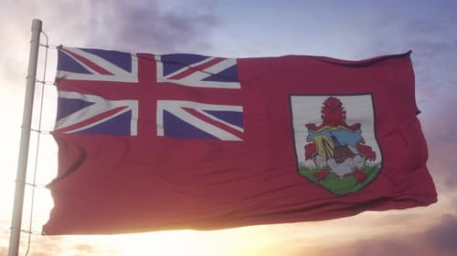 Bermuda Flag Waving Against Sunset Sky