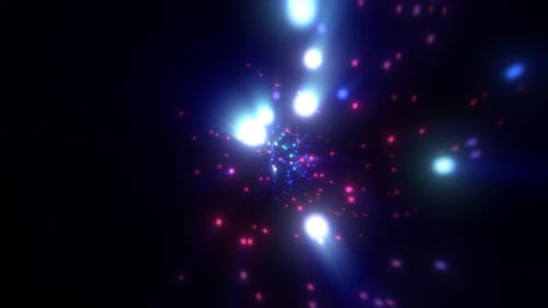 Abstract blue glowing background with flying dots circles bokeh energy particles