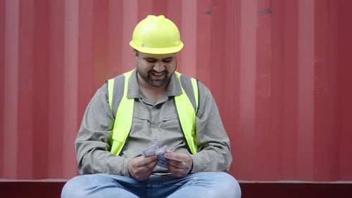 Construction Worker Counting His Money Proudly