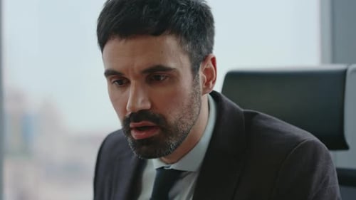 Angry Boss Yelling Online Conference Sitting Office Close Up Man Ceo Arguing