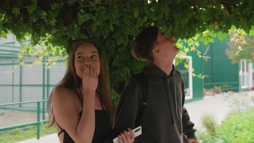 Teenagers looking at leaves in an urban park