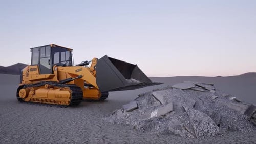 3D Animated Bulldozer Scooping Concrete Debris