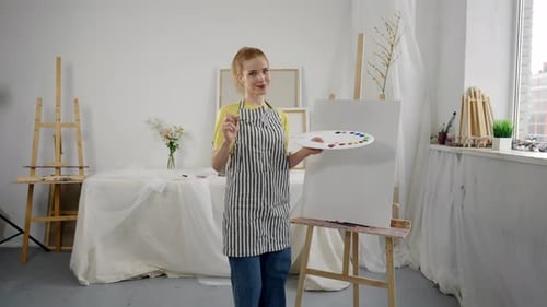 Portrait of Young Woman Artist in Art Workshop Lady Holding Palette with Dyes Creative Female Person