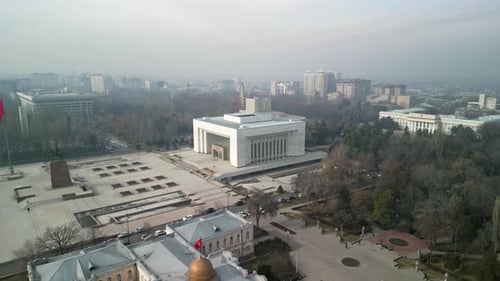 Bishkek State History Museum and Chuy Avenue, drone sideways flight