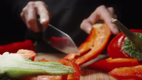 Dicing Red Bell Peppers Close Up