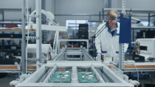 Zeitraffer von Arbeitern in einer Elektronikfabrik, die Leiterplatten von Hand zusammenbauen, während sie sich auf der A bewegen