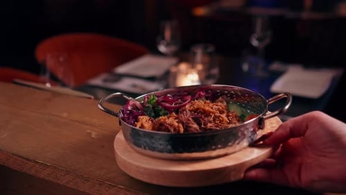 Dish of Pulled Pork Salad on Wooden Bar