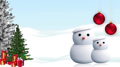 Animated Christmas Scene with Snowmen, Twinkling Trees, and Gifts