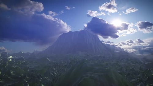 Alien planet with green rocky mountains, aerial