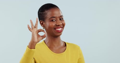 Okay, hands and face of woman in studio for vote, certified review or feedback on white background