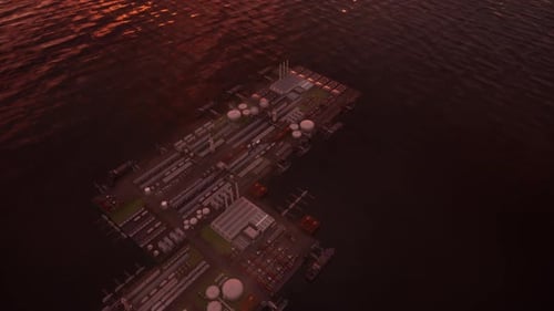 Industrieller Offshore-Komplex bei Dramatisch Sonnenuntergang