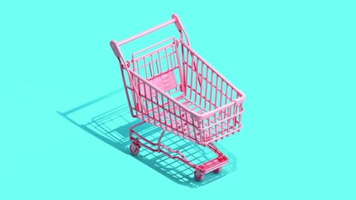 Empty Blue Shopping Cart on Pink Background 3d Animation