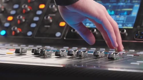 Close Up Hands Sound Engineer Uses Mixing Console Studio Music Production