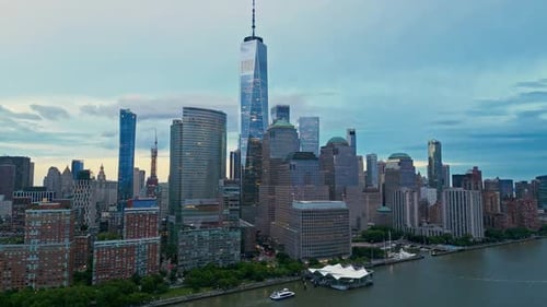 New York City Skyline at Dusk Night Aerial View Skyscrapers NYC Near Dramatic Night Clouds New York