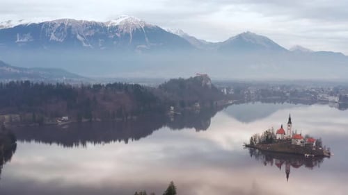Aerial view of church on island in Bled Lake, Slovenia.