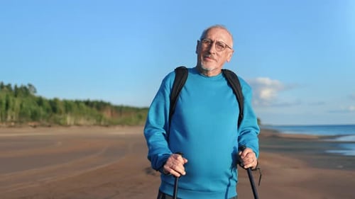 Cheerful Handsome Elderly Man Scandinavian Walking Stick Smiling Sunny Sea Beach Natural Landscape