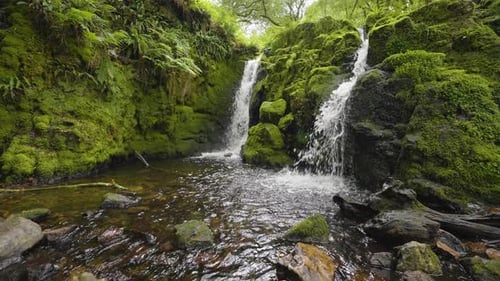 Regenwaldwasserfall, Zeitlupenwasser, das über moosige Felsen spritzt