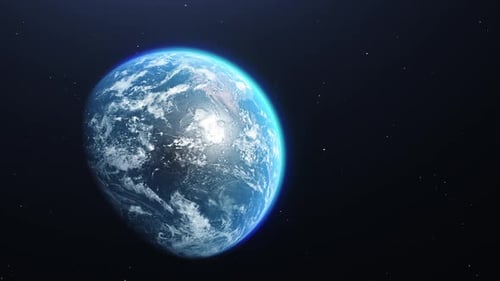 Cinematic slide of Earth in Space with volume lighting and stars background.