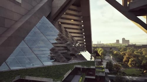 Diseño arquitectónico moderno con estructuras geométricas de vidrio y paisaje urbano