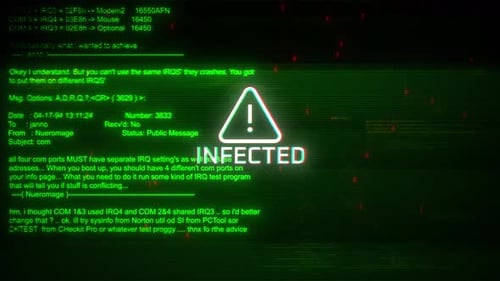 Bewegung auf dem Bildschirm mit infizierten Aufmerksamkeiten auf abstraktem Technologie-Hintergrund, grüne Farbe